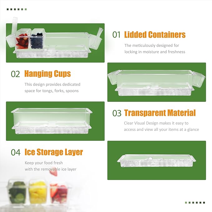 IVYHOME Chilled Condiment Server, Taco Bar Serving Set, Mimosa Bar Supplies, with 5 Lidded Containers and Detachable Ice Storage Layer, 2 Hanging Cups for Storing Tong or Forks