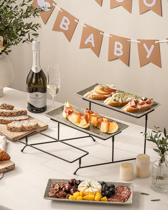 LAUCHUH 3 Tier Serving Tray, Porcelain Serving Platters and Trays for Party 12 Inch Tiered Tray Stand Cupcake Stand with Collapsible Sturdier Rack for Mother's Day Serving Food, Speckled Gray