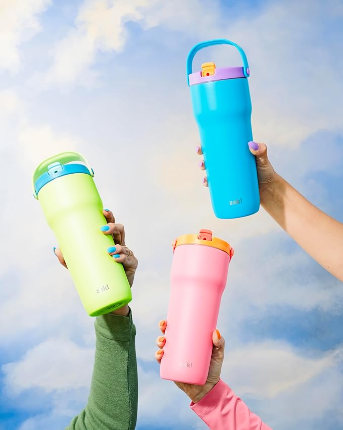 Zak Designs Sutton Travel Tumbler for On the Go, 30oz Stainless Steel with Vacuum Insulation, Straw Spout, Carry Handle for Cold Drinks (So Sweet Pink)