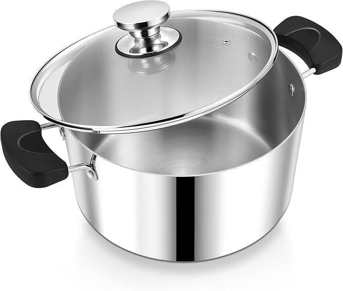 6 Quart 3-Ply Cooking Stock Pot with Lid, P&P CHEF Stainless Steel Large Pot for Pasta Soup, Work on Multi Stove, Heavy Duty & Dishwasher Safe, Dual Heat-resistant Handles & Transparent Glass Lid