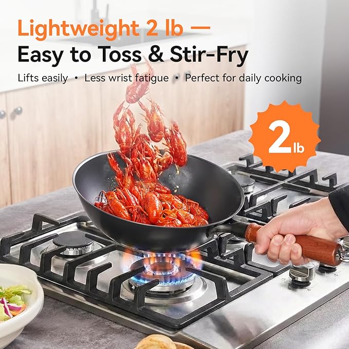 WANGYUANJI Carbon Steel Wok Pan - 10 Inch Nitrided Rust Resistant Stir Fry Pan, Flat Bottom Deep Iron Skillet with Lid, Lightweight Induction Cookware for 1-2 People, No Chemical Coating (26cm)