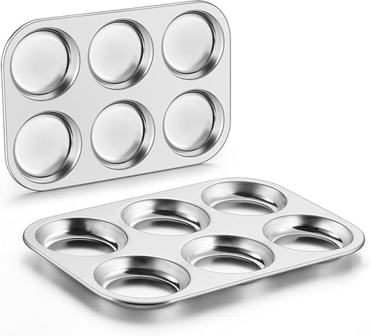 P&P CHEF Muffin Top Pan Set of 2, Stainless Steel 6-Cavity Shallow Cupcake Pans, Standard Bakeware for Eggs, Whoopie Pies, Cornbread, Cookies, Yorkshire Pudding, Easy Clean & Oven Safe, Silver