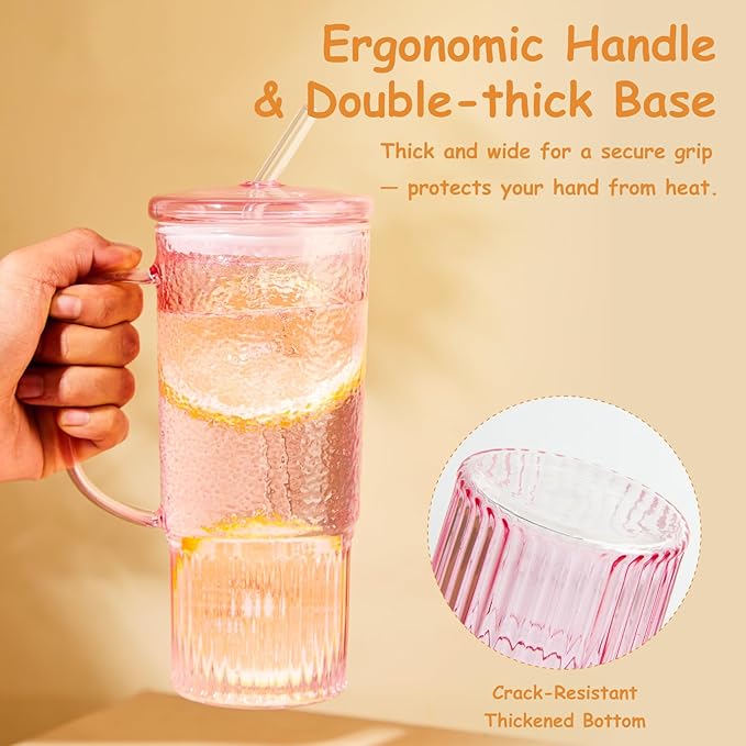 Glass Cups with Lids and Straws,24oz Glass Tumbler with Handle Iced Coffee Cup for Coffee,Juice,Tea,Milk,Smoothie,Hot & Cold Drinks (Pink)