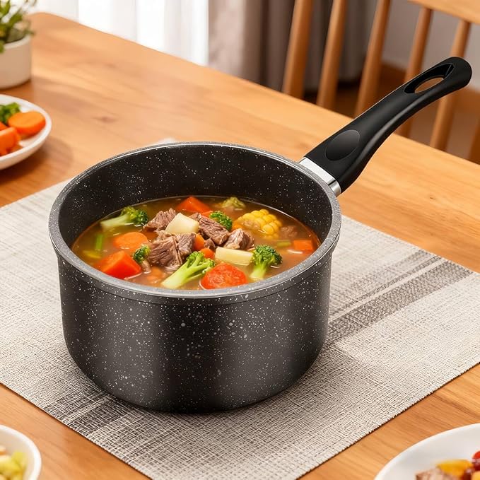 Nonstick Saucepan, 1.5 Quarts Sauce Pan with Swiss Granite Coating, Small Milk Soup Pot with Detachable Handle Multipurpose Induction Compatible, PFOA Free