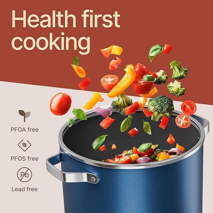 Bakken 12.5 Quart Ceramic Coated Stock Pot with Lid, Easy Clean Nonstick Pot, Tempered Glass Lid, Riveted Stainless Steel Handles, Oven Safe Up To 500°F, PTFE & PFAS Free, All Stove Compatible, Blue