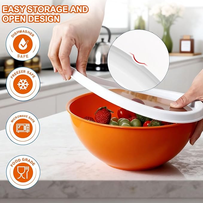 6-Piece Plastic Mixing Bowls Set with Airtight Lids, Nesting Bowls for Space Saving, TPR Sealed & PP5 Leak-Proof Lids, for Baking, Prepping & Serving, Dishwasher Safe (Rose Red)