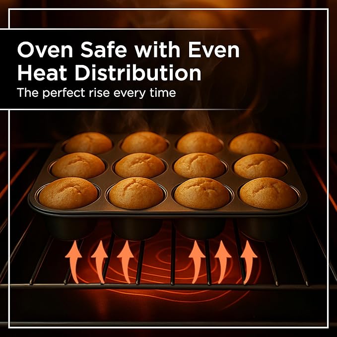 Wrenbury Nonstick Muffin Pan 12 Cup – Deep Cupcake Yorkshire Pudding Tin, PTFE & PFOA Free Carbon Steel, Warp Resistant Baking Tray for Even Bakes