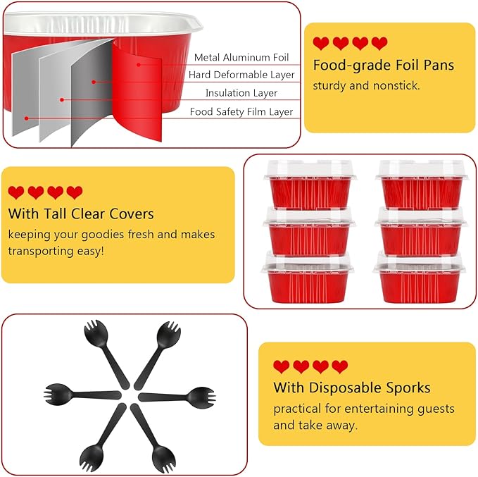 LNYZQUS 5oz Cupcake Pans Disposable Ramekins 40 Pack, Aluminum Foil Cupcake Liners with Lids,Square Brownie Mini Cake Baking Pans Muffin Tin Holders for Christmas-Red