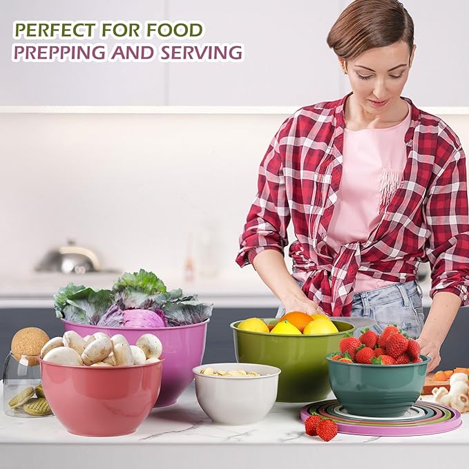 Plastic Mixing Bowls with Lids Set for Kitchen, Nesting Bowls for Mixing, Baking, Prepping, Cooking and Serving Food, Mixing Bowls Dishwasher, Microwave Safe (Purple)