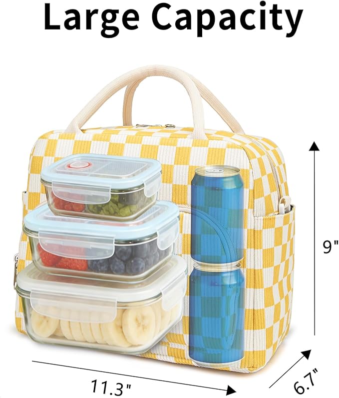 Lunch Box for Women Insulated Lunch Bag Women Adult Cute Lunch Bags Reusable Lunchbox Cooler Tote Bag for Work Picnic (Yellow-Plaid)