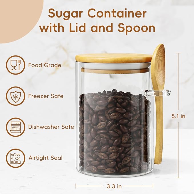 Coffee Sugar Container Salts Jars - 15oz Glass Airtight Caning with Bamboo Lids and Spoons Scoop, Storage Overnight Oats, Spice, Creamer, Food Organizer, Set of 3
