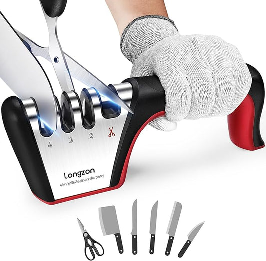 Longzon 4-in-1 Knife Sharpener [4 Stage] with a Pair of Cut-Resistant Glove, Original Premium Polish Blades, Best Kitchen Knife Sharpener Really Works for Fruit and Steel Knives, Scissors-Black+Red