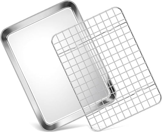 Toaster Oven Pan with Rack Set (1 Pan+1 Rack), Homikit 9 x 7 Inch Small Baking Sheet with Wire Rack, Stainless Steel Cookie Sheets for Baking, Cookie Bacon Tray with Cooling Rack, Dishwasher Safe