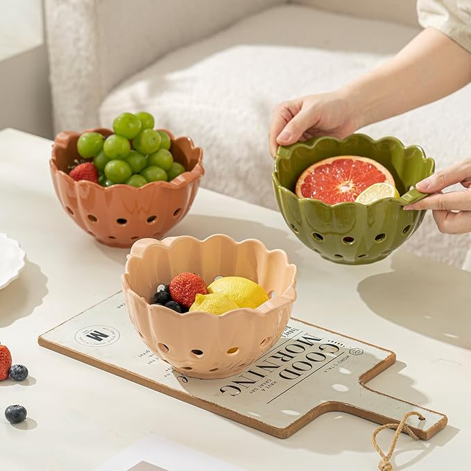 Small Ceramic Fruit Bowl,Scallop Stoneware Colander with Handles,Round Colorful Berry Basket,Fruit Container for Strawberry &Food Strainer,Soft Pink