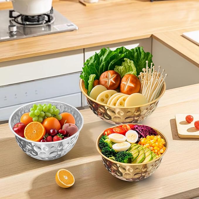 Mixing Bowls Set, 5PCS Stainless Steel Hammered Multicolor Mixing Bowls, Nesting Design Kitchen Bowls, 4.9/4.2/3.2/2.1/1.6QT for Mixing & Serving