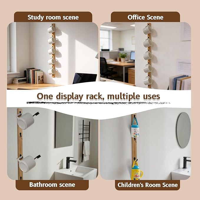 Wall-Mounted Coffee Mug Rack - 6-Hook Solid Wood Cup Holder for Kitchen Cabinet, Space-Saving Tea Bar Organizer with Rustic Decor (Vertical Rectangle Design)