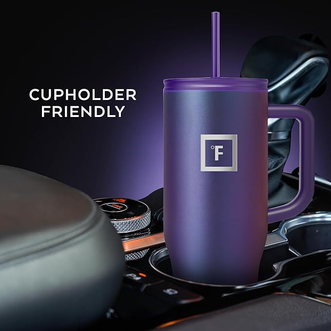 IRON °FLASK Co-Pilot Insulated Mug w/Straw & Flip Cap Lids - Cup Holder Bottle for Hot, Cold Drink - Leak-Proof - Water, Coffee Portable Travel Mug - Midnight Black, 40 Oz