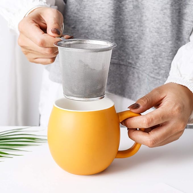 Yundu 12 OZ Matte Yellow Ceramics Teacup with Infuser and Lid, Mug with Lid for Steeping - Stainless Steel Infuser for Loose Leaf Tea, Home Office Gift for Tea Lovers