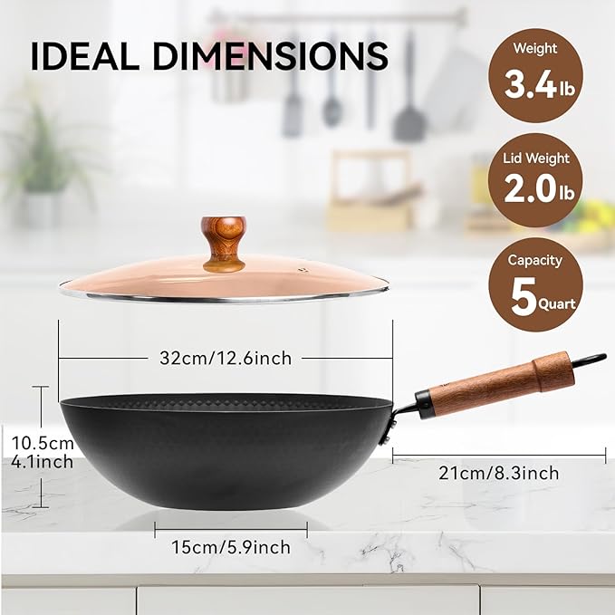 WANGYUANJI 12.6-Inch Carbon Steel Wok with Lid, Flat Bottom Nonstick Chinese Wok Pan with Detachable Wooden Handle for Induction, Gas & Electric, 5 QT Stir Fry Pan