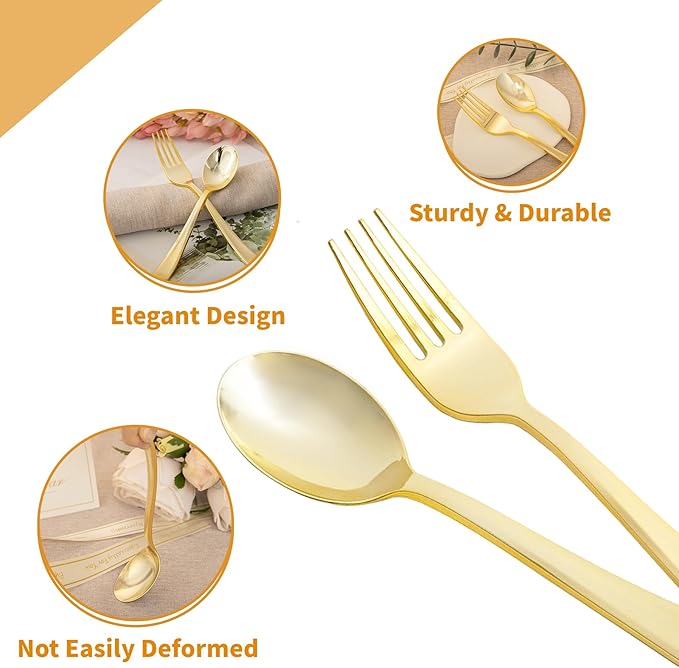 N9R 200PCS Gold Plastic Silverware, Heavy Duty Disposable Cutlery Set for Parties, gold forks and spoons disposable Includes 100 Spoons and 100 Forks for Wedding, Birthday, Dinner