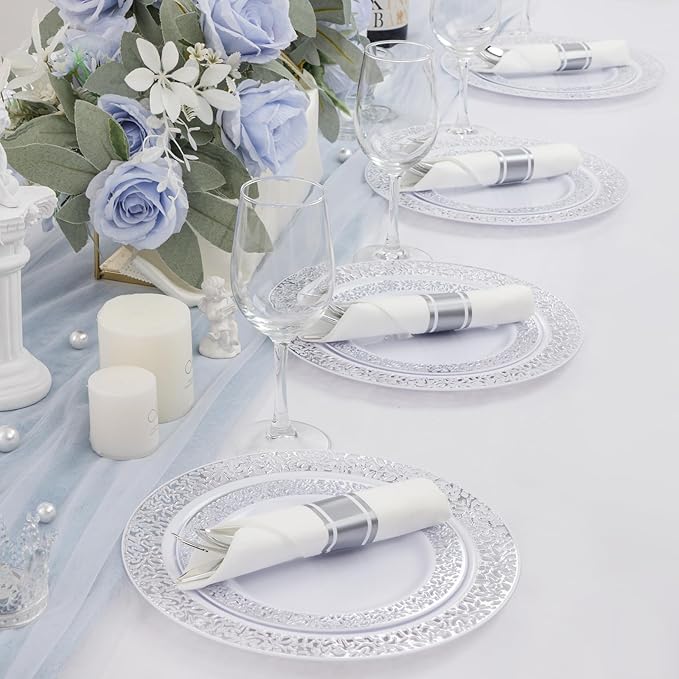Supernal 60 Pack Pre-Rolled Silver Plastic Cutlery Heavy Duty Wrapped Silverware Disposable Premium Silver Plastic Silverware Forks and Spoons for Valentine's Day Mother's Day and Easter
