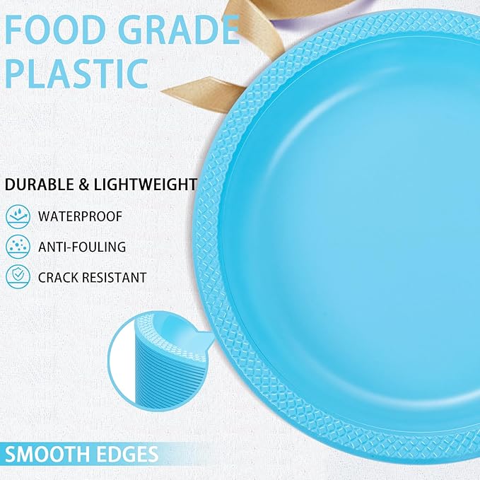 WELLIFE Light Blue Party Plates 10 Inch -150 Count, Disposable Plastic Baby Blue Dinner Plates for Party Dessert Cake Appetizer Baby Shower