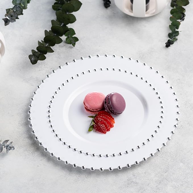 PLASTICPRO 64 Piece Combo Plastic Dinner Plates Disposable Plastic Fancy Heavy Duty Party Dishes 7 inch and 10 inch, White and Silver Beaded