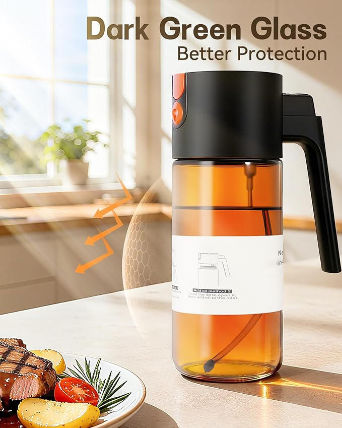Upgrade 2 in 1 Oil Sprayer for Cooking 2PCS, 17oz Light-Blocking Glass Olive Oil Dispenser Bottle for Kitchen,Food-Grade Oil Mister with 8 Stickers(Green+Brown)