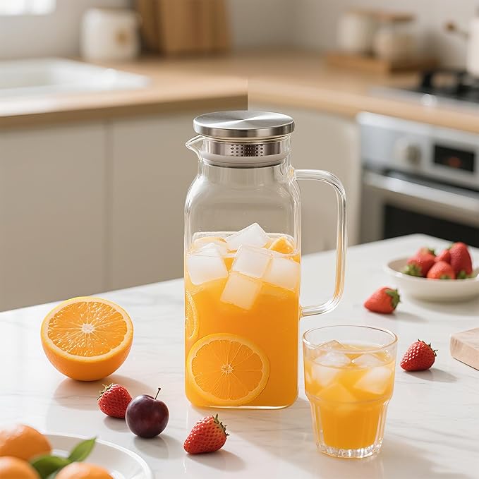 40.5 oz Square Glass Pitcher with Lid and Spout, Lightweight Water Pitchers for Hot/Cold Drink, Borosilicate Jugs, Heat Resistant, Glass Carafe with Handle,Ideal for Fridge Storage(2Pack)