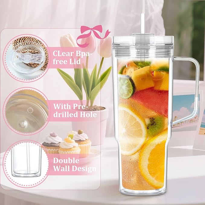 40 Oz Acrylic Snowglobe Tumbler with Handle, 2 Pack Pre-Drilled Double Wall Acrylic Clear Cup Tumbler for Glitter Snow Globe Diy
