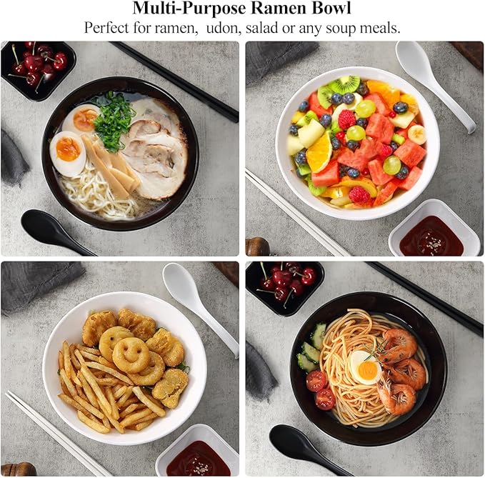 Kyraton Ramen Bowl Set 40oz with Chopsticks Dipping Bowls and Spoons: 2 large Unbreakable Japanese Style Plastic Noodle Soup Bowls for Asian Pho Soup Thai Miso Udon Wonton (Black, White)