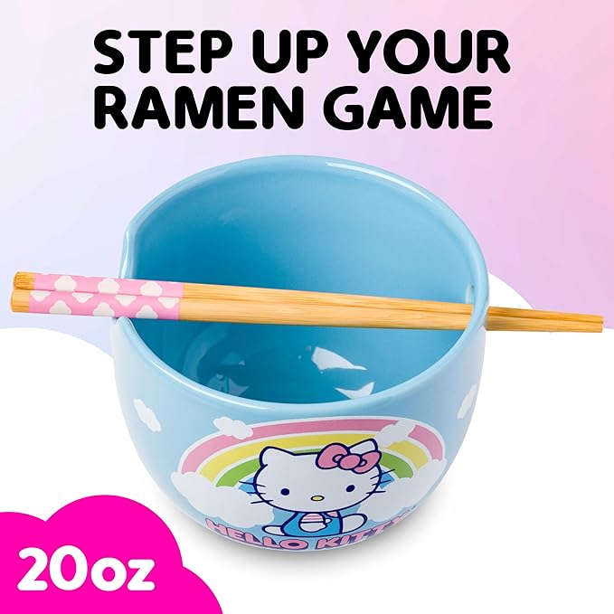 Silver Buffalo Hello Kitty Rainbow and Clouds Ceramic Ramen Noodle Rice Bowl with Chopsticks, Microwave Safe, 20 Ounces