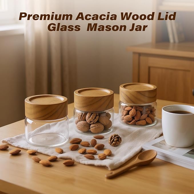 2-Pack 4 fl oz Leakproof Mason Jars with Airtight Acacia Wood Lids - Small Glass Food Storage Containers for Overnight Oats, Spices, Snacks, Kitchen Pantry Organization