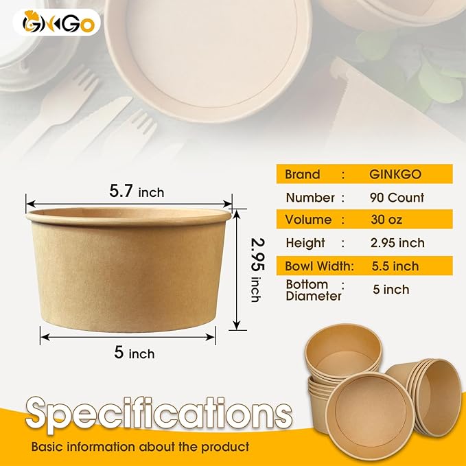 Ginkgo 90 Count 30 oz Extra Large Paper Bowls Leak Proof Disposable Hot Soup Bowls Bulk Large Salads Bowls, Heavy Duty Paper Bowls for Ice Cream, Hot Soup, Salad, Dessert, Cereals, Food