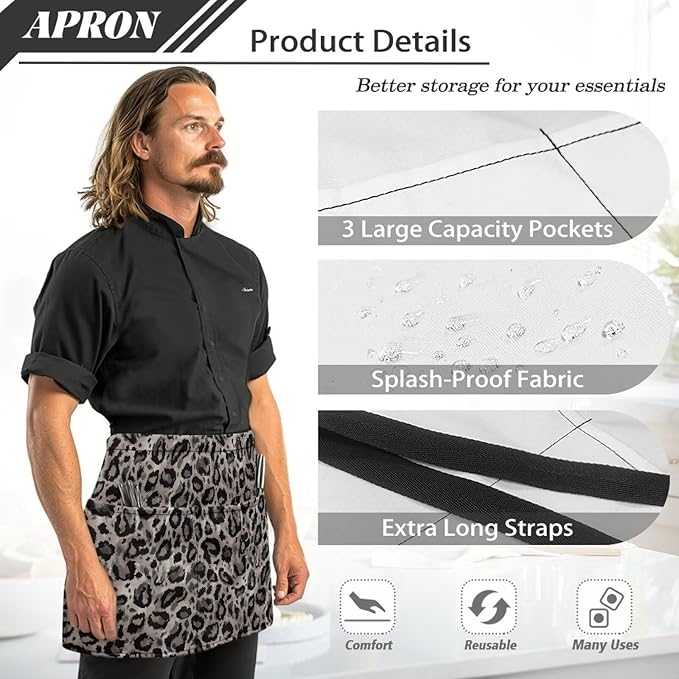 Server Waitress Waist Apron with 3 Pockets, Short Aprons for Servers,Waiter Apron For Waiter Accessories