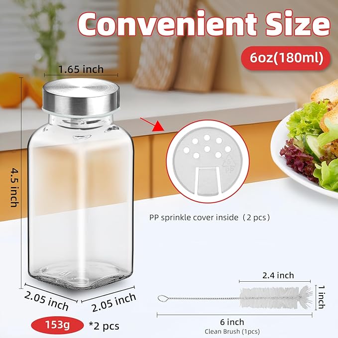 2Pcs 6oz Glass Spice Jars 304 Stainless steel Lids with Shaker Lids, Spice Jars Trial Set & Supplement Set, Empty Spice Containers and Square Spice Bottles for Kitchen (2)
