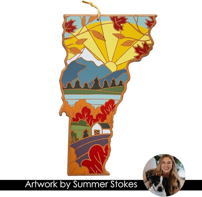 Totally Bamboo Vermont State Shaped Cutting Board and Charcuterie Serving Platter with Artwork by Summer Stokes, Includes Hang Tie for Wall Display