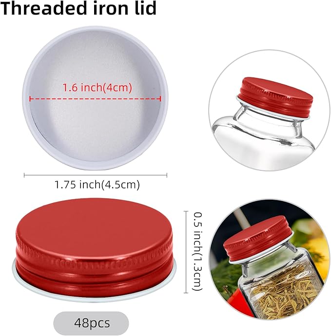 48 Pcs iron Jar Lids Lids for 4 oz and 6 oz Square Spice Jars Reusable Can Airtight Spice Storage Canning Lids for Nice Sealing Kitchen (Red)