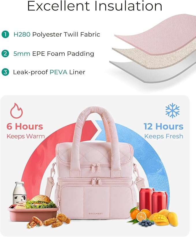 BAGSMART Lunch Bag Women, Double Deck Insulated Lunch Box, Quilted Puffer Lunch Tote, Leakproof, Durable & Reusable Large Lunch Cooler For Work Picnic Travel Meal Prep, Black