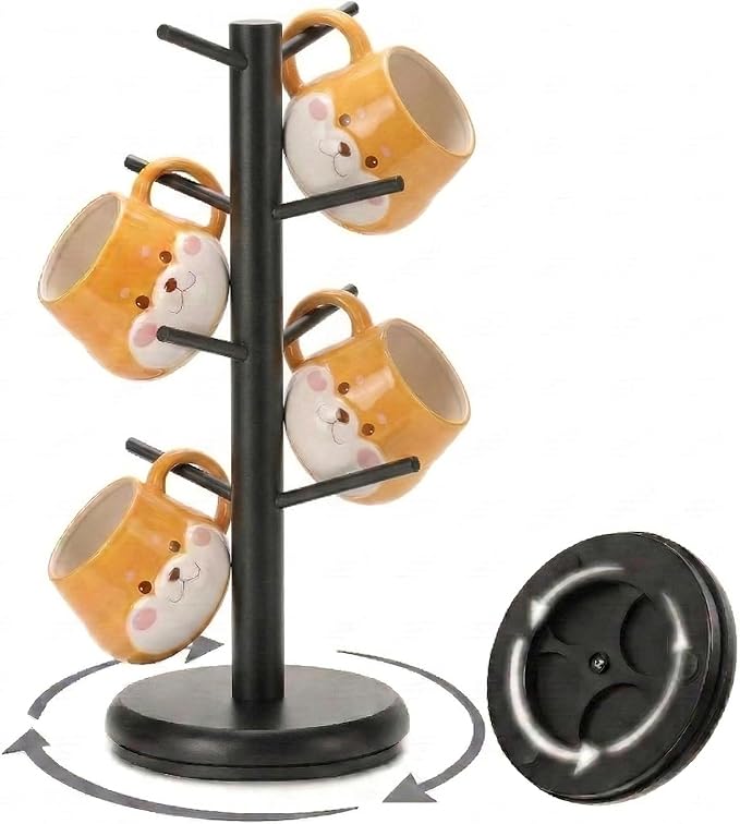 BAMBANG Coffee Mug Tree, 360° Rotating Bamboo Cup Holder Tree for Counter Top, Mug Rack with 8 Hooks, Mug Stand for Coffee Bar, Home, Black