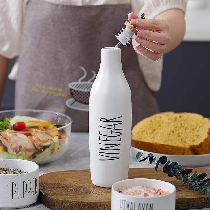 HOMCDALY Ceramic Olive Oil Dispenser for Kitchen, Stoneware 16oz Oil and Vinegar Bottles Dispenser, Kitchen Dispenser Bottle for EVOO Vinegar Syrups, Modern Farmhouse Design(W-V)