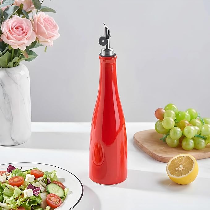 YOLIFE Olive Oil Dispenser Bottle, 16oz Ceramic Oil Dispenser for Kitchen, Oil Bottle with Gravity Spout, Leak Proof EVOO Dispensing Bottle with 2 Spouts and 1 Funnel for Vinegar, Juice(Red)
