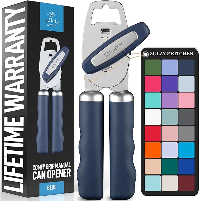 Zulay Kitchen Heavy Duty Stainless Steel Can Opener Manual with Bottle Opener - Rust Proof Manual Can Opener With Turn Knob & Comfy Soft Grip Handles - Blue