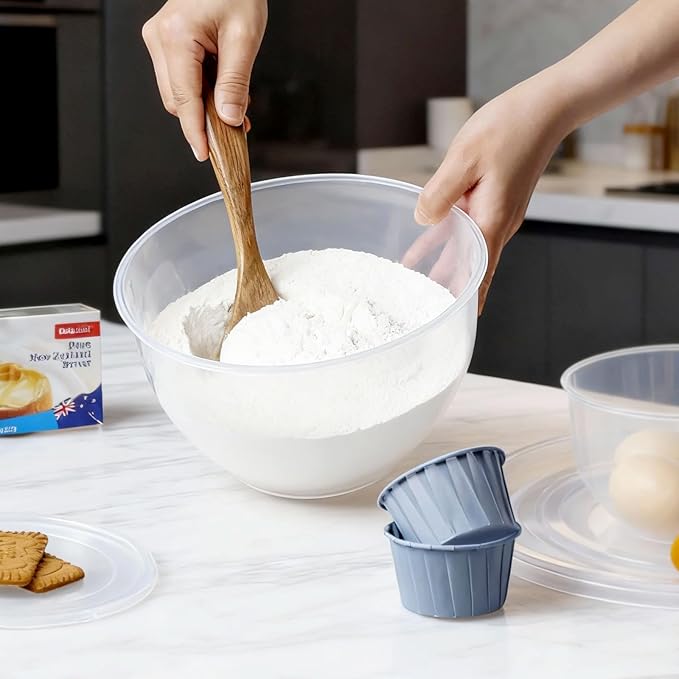 Plastic Mixing Bowls with Lids Set for Kitchen, Nesting Bowls for Mixing, Baking, Prepping, Cooking and Serving Food, Mixing Bowls Dishwasher, Microwave Safe (Clear)
