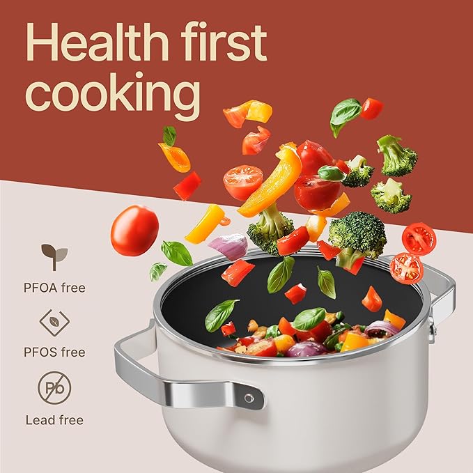Bakken 3 Quart Ceramic Coated Stock Pot with Lid, Easy to Clean Nonstick Pot, Tempered Glass Lid, Riveted Stainless Steel Handles, Oven Safe Up To 500°F, PTFE & PFAS Free, All Stove Compatible, Cream