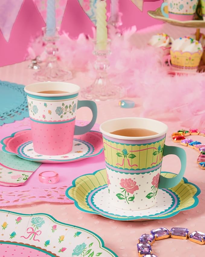 xo, Fetti Tea Party 9oz Cups and Saucers Set - 32 Piece Drinkware Set | Garden Party, Fancy Birthday, Easter, Pastel, Floral, Coquette, Vintage
