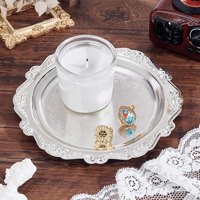 PH PandaHall 7.8" Silver Tray Jewellery Display Tray Serving Tray Decorative Round Platter Vintage Style Candle Tray Dispenser for Wedding Party Home Kitchen Centerpiece Display Perfume Organizer