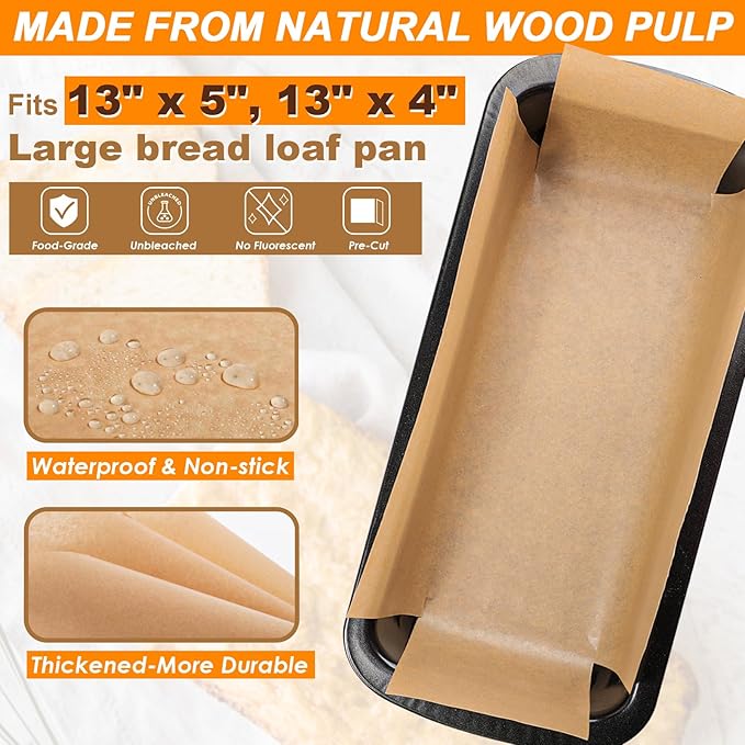 Webake Unbleached Parchment Paper Large Loaf Pan Liners for 13" x 5" Long Baking Bread, Original Precut, Non Toxic 100 Pcs