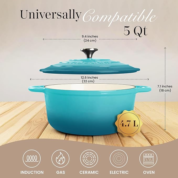 Cast Iron Dutch Oven with Lid – Non-Stick Ovenproof Enamelled Casserole Pot – Sturdy Dutch Oven Cookware – Teal, 5-Quart, 24cm – by Nuovva