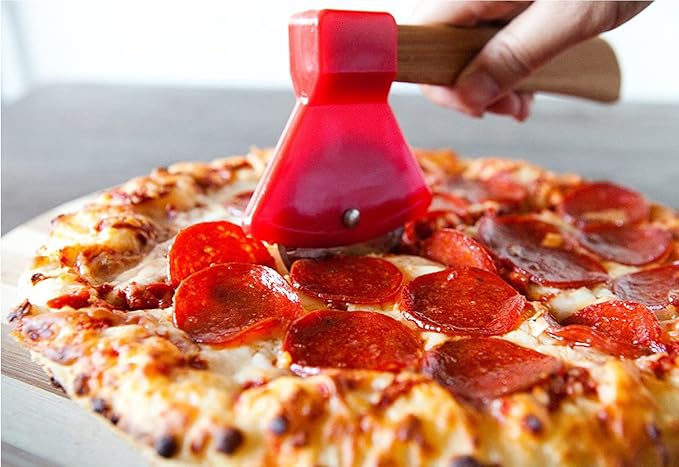 Funny & Cool Axe Pizza Cutter - Unique Men Dad Tool With Steel Сircular Saw, Plastic Cover for Wheel Blade Knife & Bamboo Handle - Cute Kitchen Gadgets Nonstick Stuff Slicer Accessories
